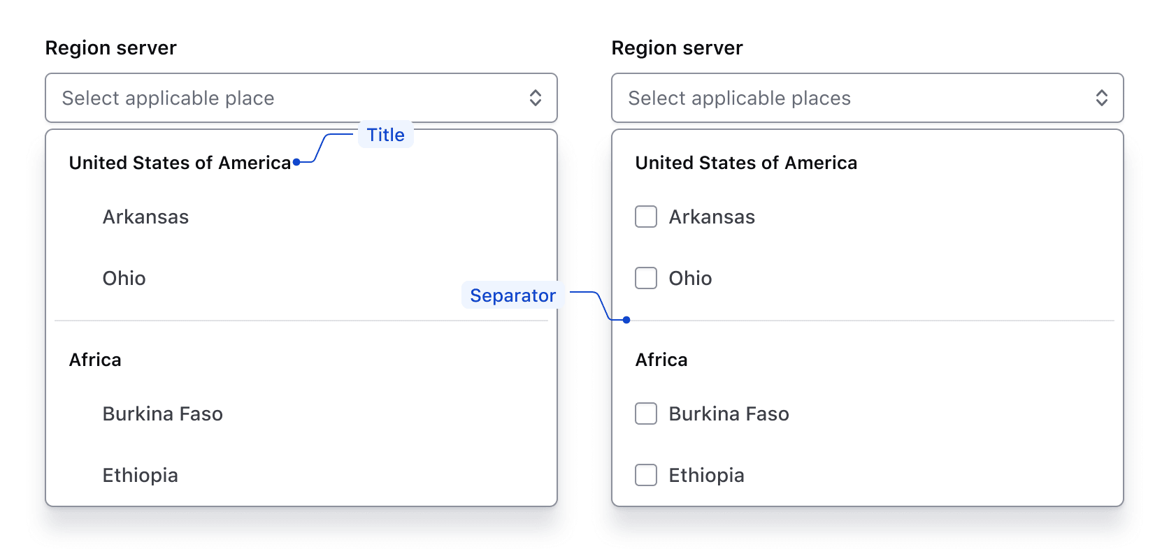 Groups of list items represented in both Single and Multiple components
