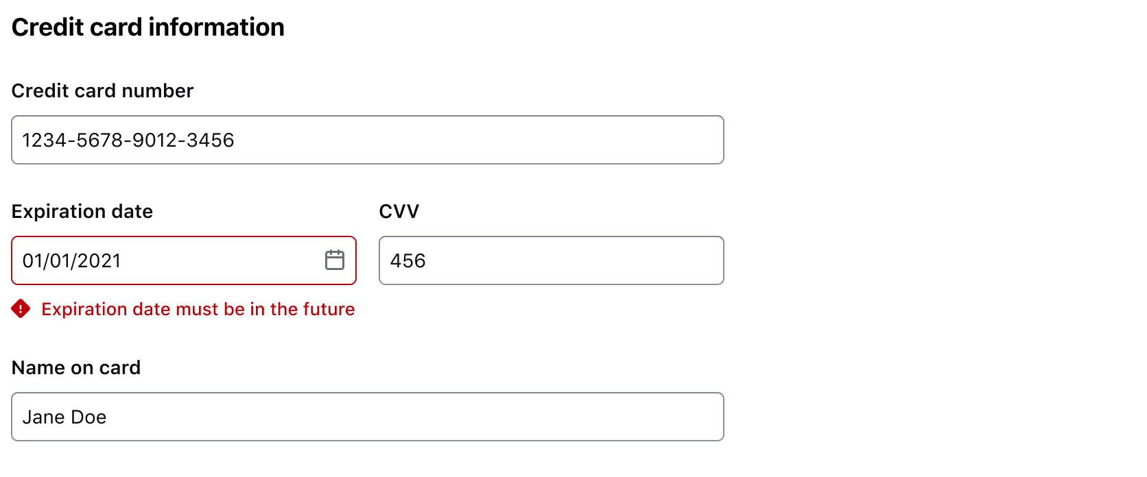 Example of credit card information form with invalid expiration date